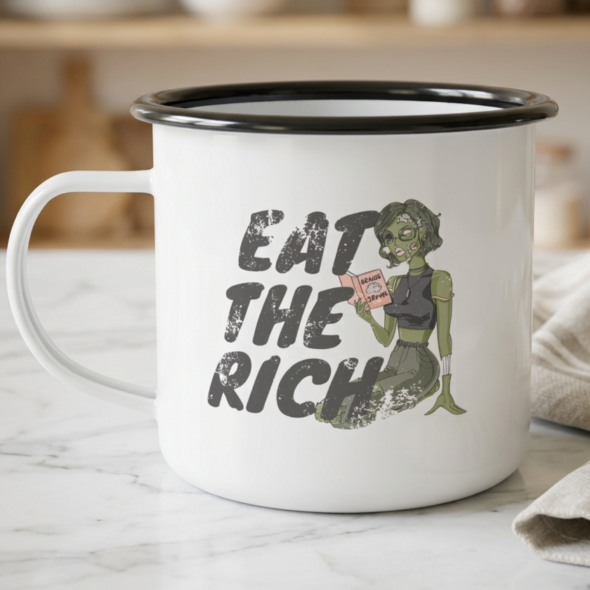 Eat the Rich zombie Halloween mug featuring feminist political satire and spooky horror artwork for coffee, Halloween parties, and scary movie season.