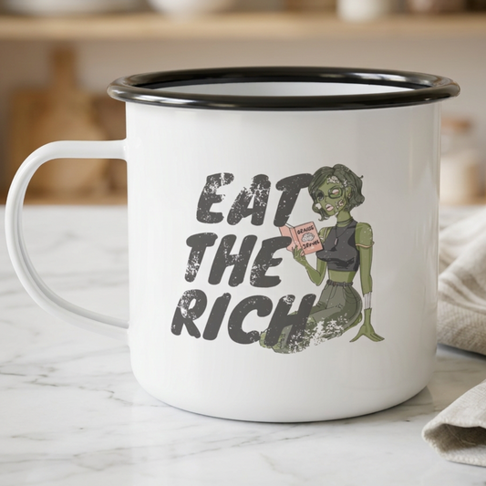 Eat the Rich zombie Halloween mug featuring feminist political satire and spooky horror artwork for coffee, Halloween parties, and scary movie season.