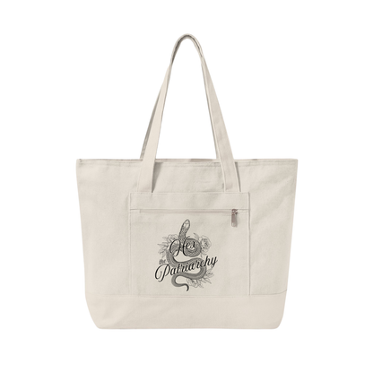 Hex the Patriarchy feminist canvas tote bag featuring a witchy snake design, zippered closure, and roomy everyday storage.