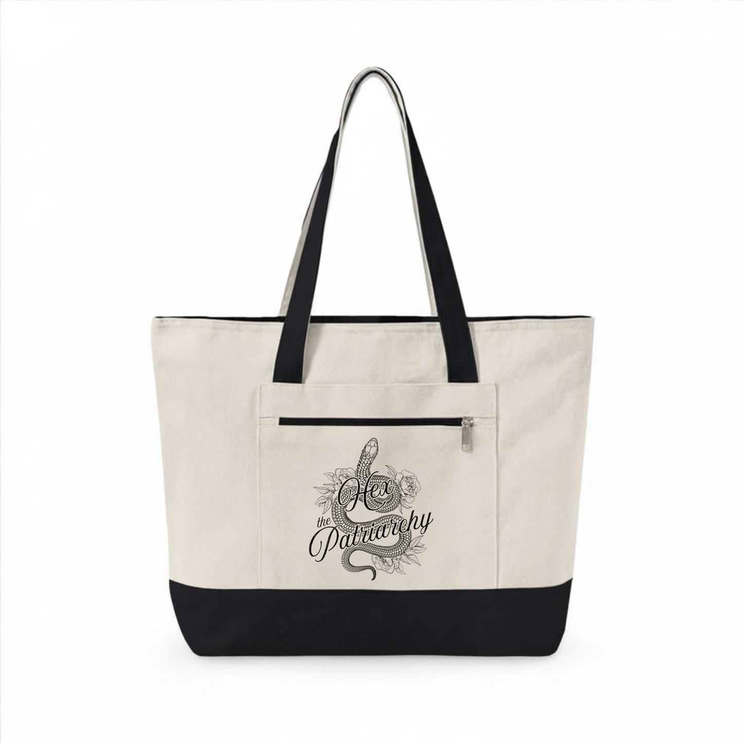 Hex the Patriarchy feminist canvas tote bag featuring a witchy snake design, zippered closure, and roomy everyday storage.