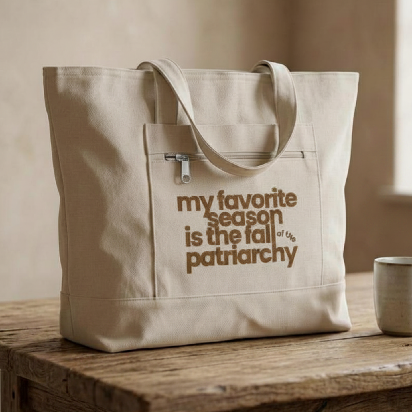 My Favorite Season Is the Fall of the Patriarchy Halloween tote bag in heavy cotton canvas, a funny feminist fall bag for spooky season.