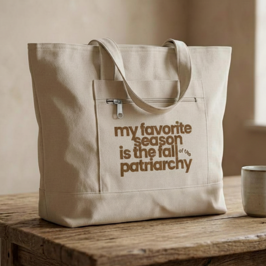 My Favorite Season Is the Fall of the Patriarchy Halloween tote bag in heavy cotton canvas, a funny feminist fall bag for spooky season.