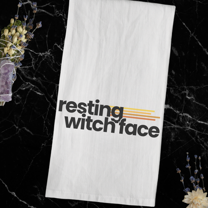 Resting Witch Face 100% cotton tea towel featuring funny feminist witch humor for Halloween kitchen decor, spooky homes, cooking, and witch gifts.
