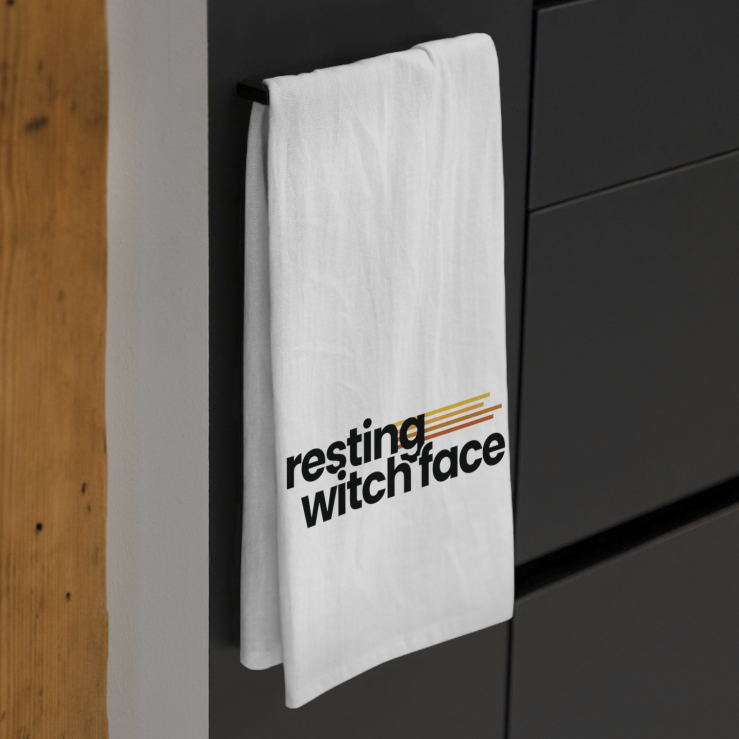 Resting Witch Face 100% cotton tea towel featuring funny feminist witch humor for Halloween kitchen decor, spooky homes, cooking, and witch gifts.