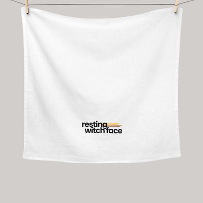 Resting Witch Face 100% cotton tea towel featuring funny feminist witch humor for Halloween kitchen decor, spooky homes, cooking, and witch gifts.