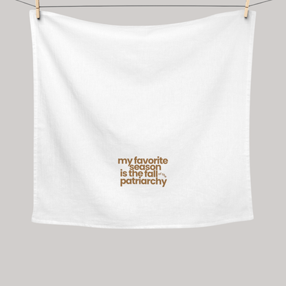 My Favorite Season Is the Fall of the Patriarchy cotton tea towel, a funny feminist kitchen towel for autumn decor, fall baking, and feminist gifts.