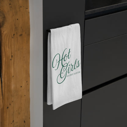Hot Girls Against Fascism 100% cotton tea towel featuring witty feminist political humor for kitchen decor, housewarming gifts, and everyday use.