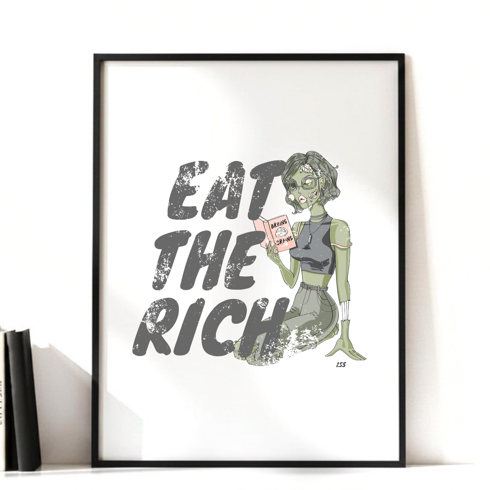 Eat the Rich zombie Halloween wall art featuring feminist political satire in a framed vintage horror poster for spooky, gothic, and Halloween decor.