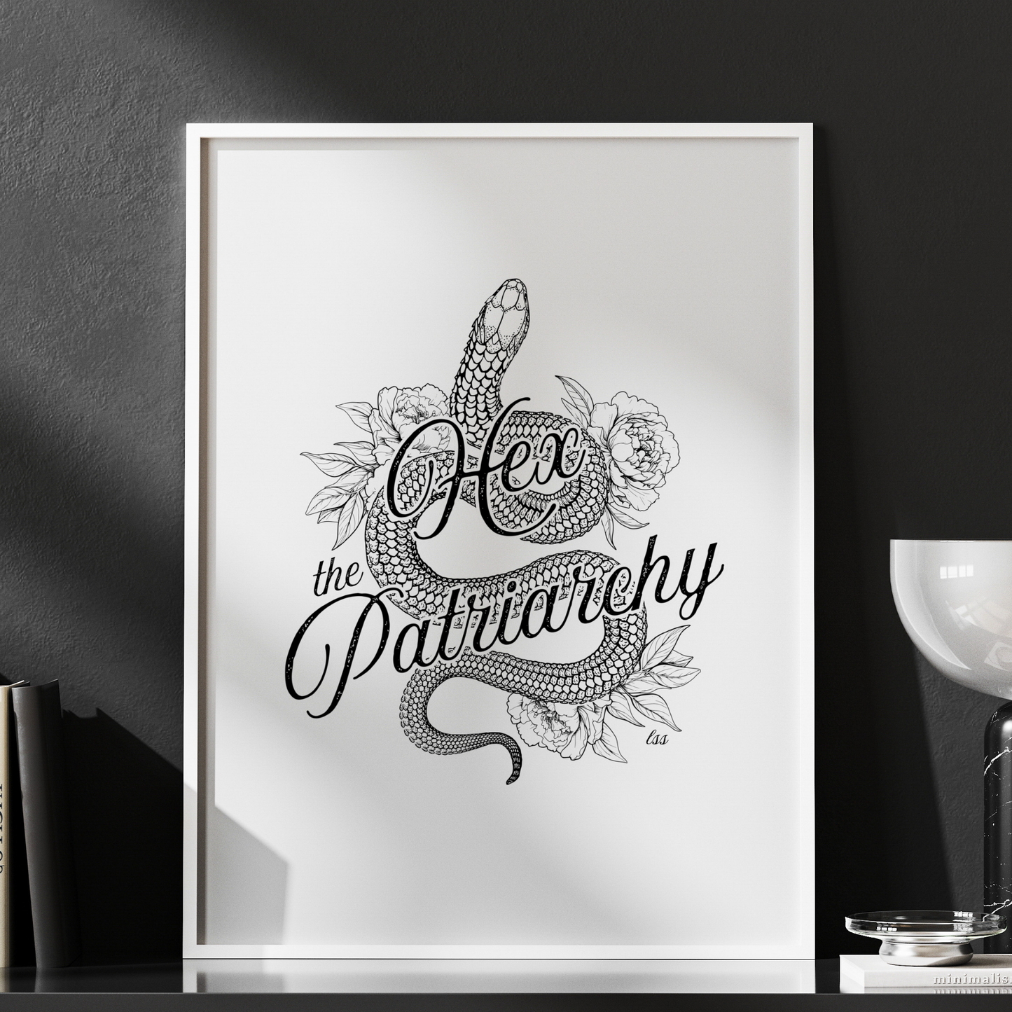 Hex the Patriarchy poster featuring a feminist snake design inspired by witchcraft, transformation, renewal, and feminine power for witchy wall decor.