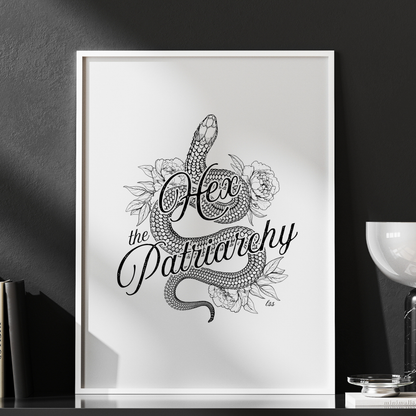 Hex the Patriarchy poster featuring a feminist snake design inspired by witchcraft, transformation, renewal, and feminine power for witchy wall decor.