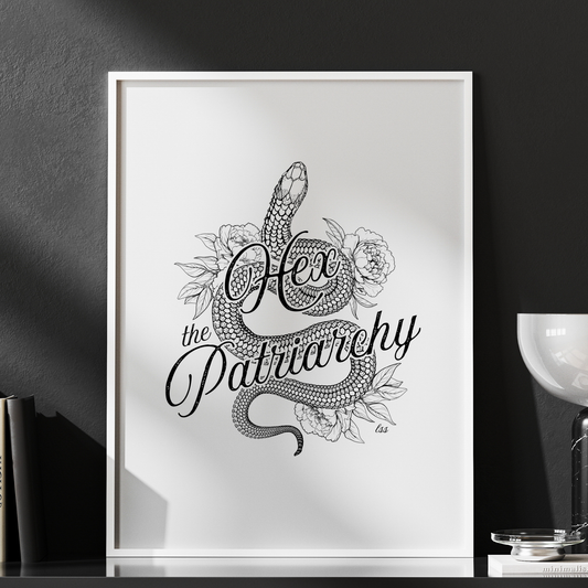Hex the Patriarchy poster featuring a feminist snake design inspired by witchcraft, transformation, renewal, and feminine power for witchy wall decor.