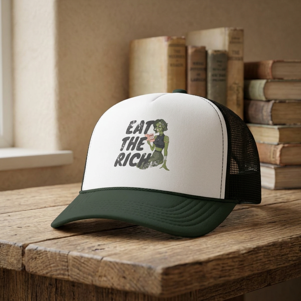 Eat the Rich zombie feminist foam trucker hat with retro horror artwork, mesh back, and dark political satire for Halloween and spooky season.