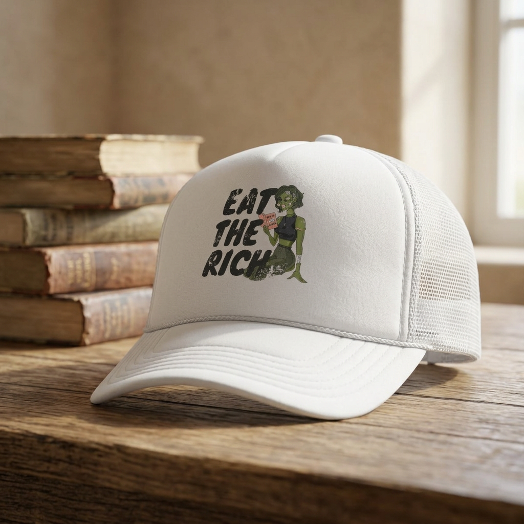 Eat the Rich zombie feminist foam trucker hat with retro horror artwork, mesh back, and dark political satire for Halloween and spooky season.