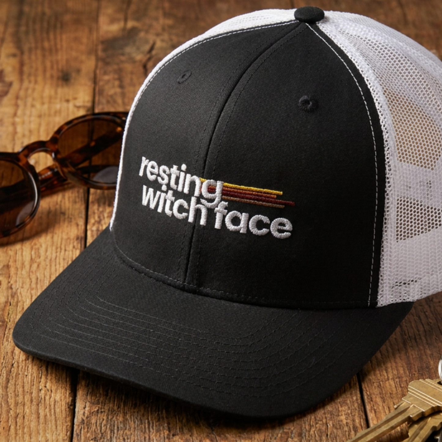 Resting Witch Face trucker hat featuring funny feminist witch humor with a classic mesh back, casual vintage style, and spooky season aesthetic.