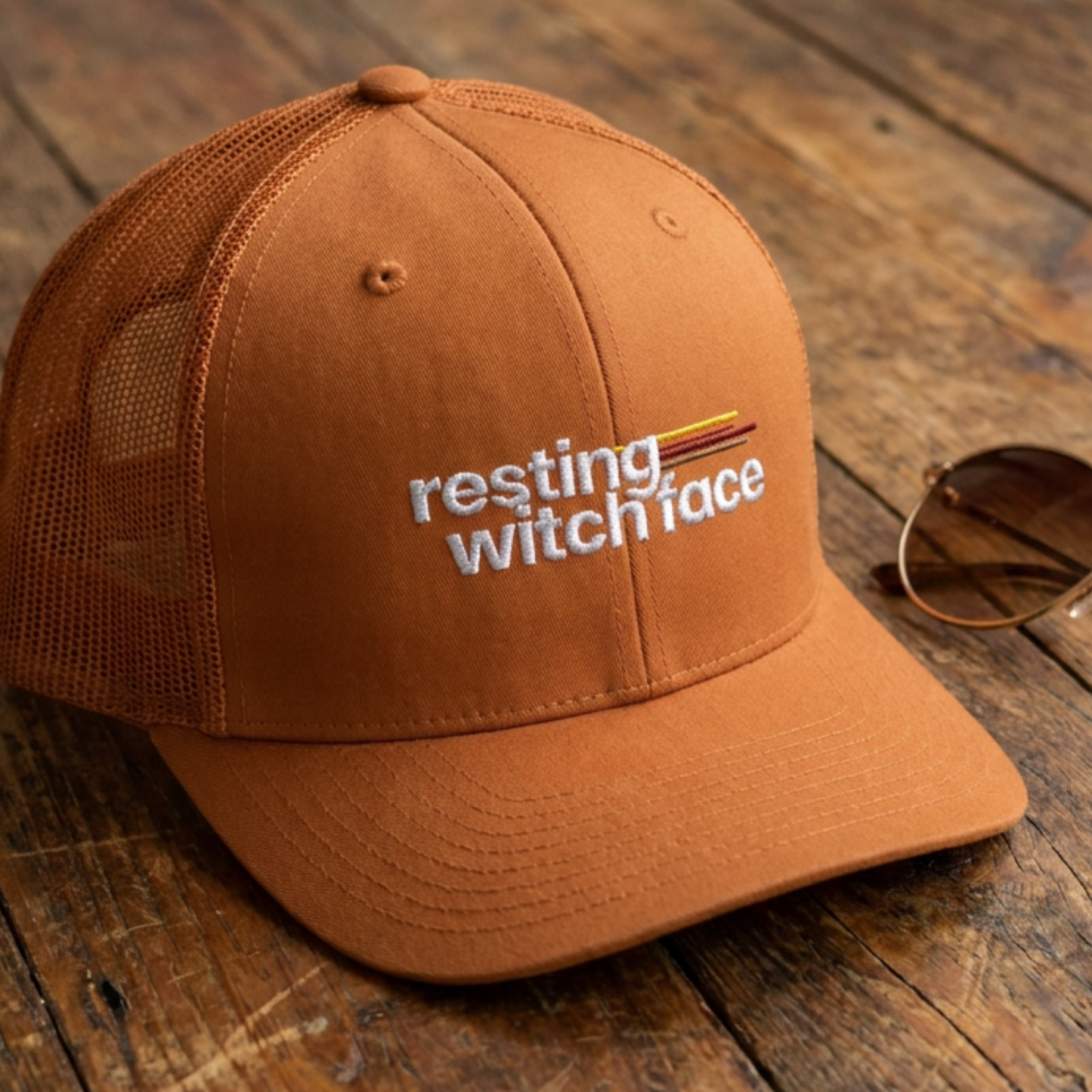 Resting Witch Face trucker hat featuring funny feminist witch humor with a classic mesh back, casual vintage style, and spooky season aesthetic.