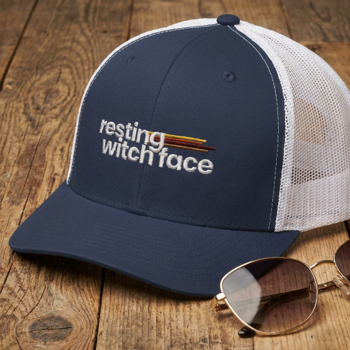 Resting Witch Face trucker hat featuring funny feminist witch humor with a classic mesh back, casual vintage style, and spooky season aesthetic.