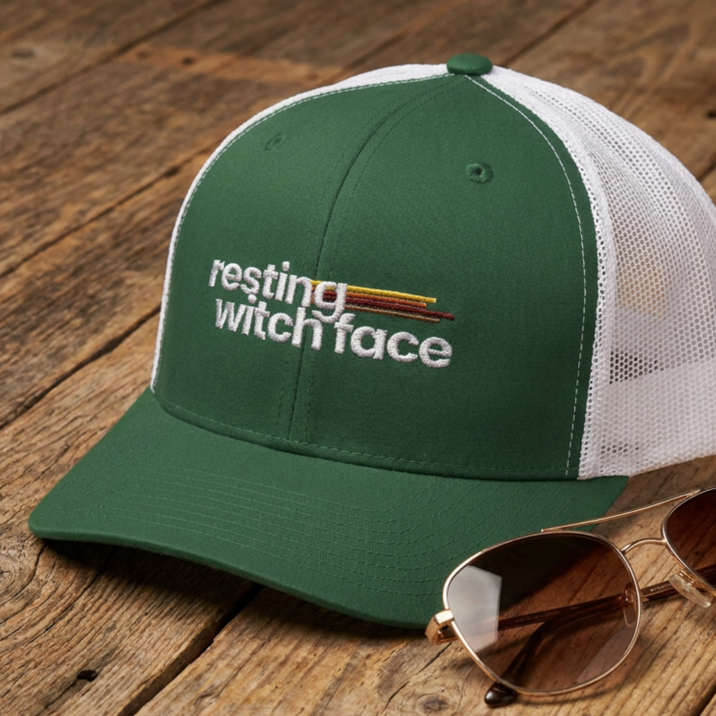 Resting Witch Face trucker hat featuring funny feminist witch humor with a classic mesh back, casual vintage style, and spooky season aesthetic.