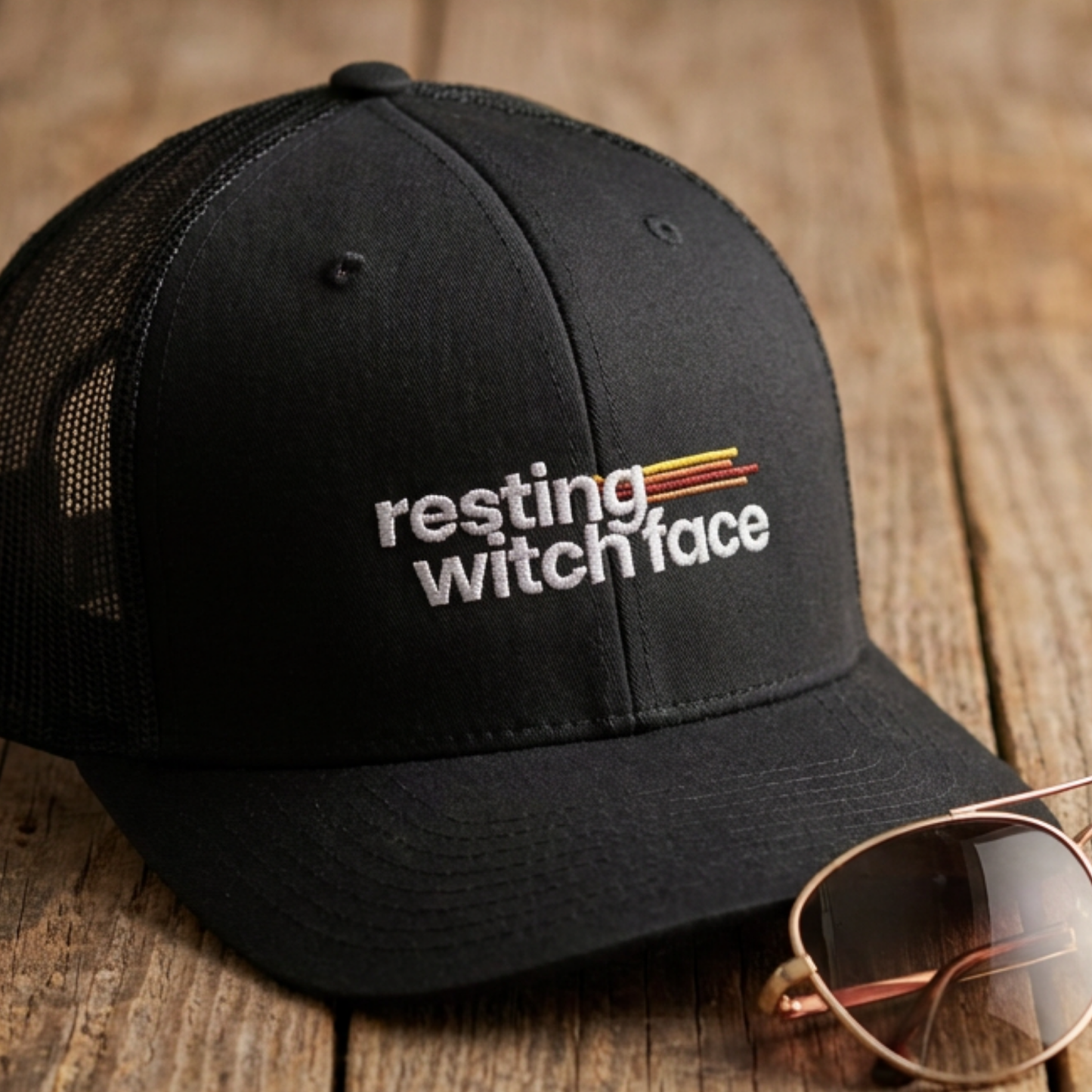 Resting Witch Face trucker hat featuring funny feminist witch humor with a classic mesh back, casual vintage style, and spooky season aesthetic.