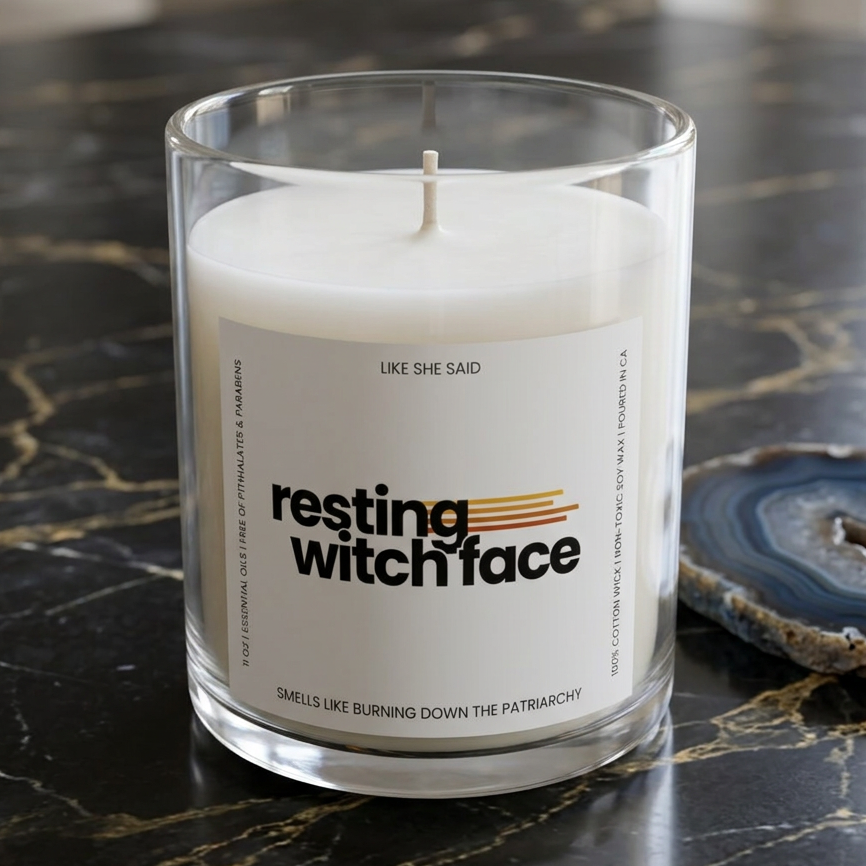 Resting Witch Face scented candle featuring funny feminist witch artwork for witchy home decor, Halloween, spooky season, and clever witch gifts.