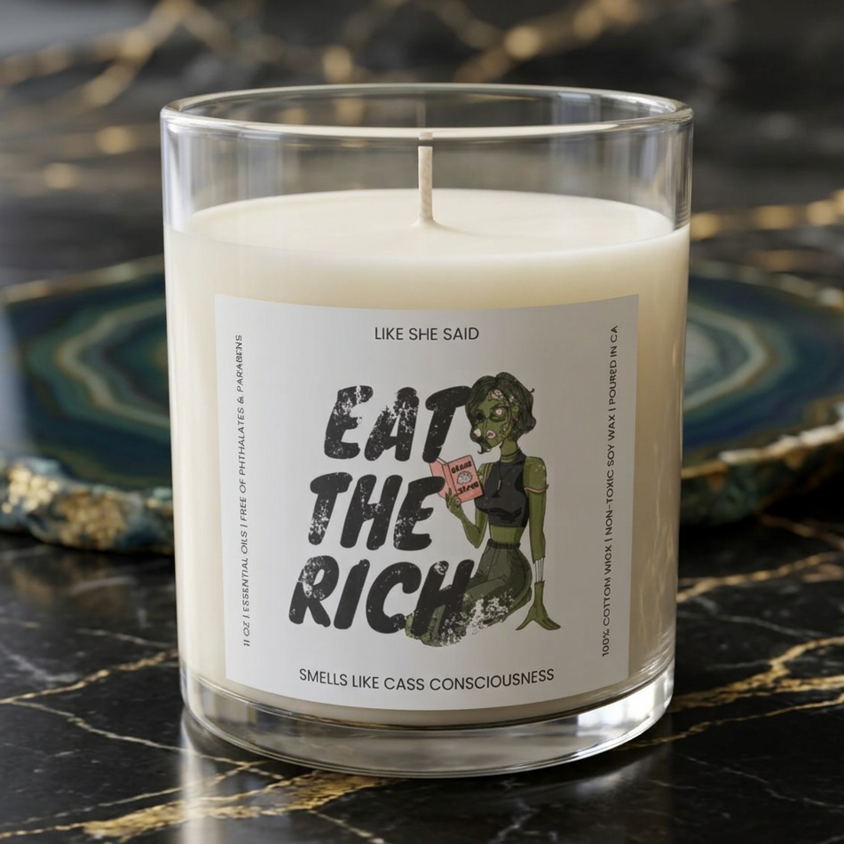 Eat the Rich zombie scented candle featuring feminist political satire and retro horror artwork for spooky Halloween decor and horror lovers.