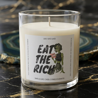 Eat the Rich zombie scented candle featuring feminist political satire and retro horror artwork for spooky Halloween decor and horror lovers.