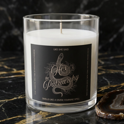 Hex the Patriarchy scented candle featuring a feminist snake design inspired by witchcraft, transformation, renewal, and feminine power.