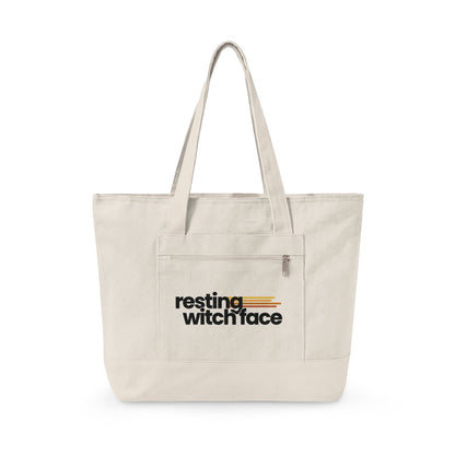 Resting Witch Face canvas tote bag featuring funny feminist witch artwork with roomy zippered storage for books, shopping, and everyday use.