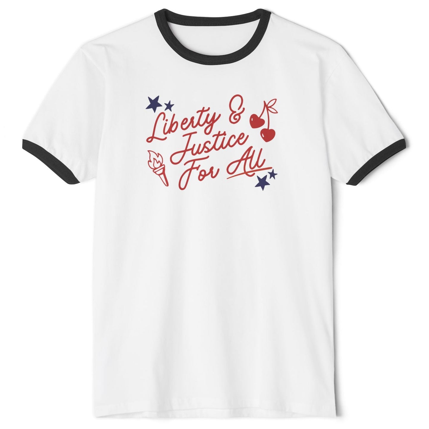A white ringer t-shirt with black trim on the collar and sleeves, featuring a red and blue graphic on the chest that reads 'Liberty & Justice For All' with stars, cherries, and a torch.