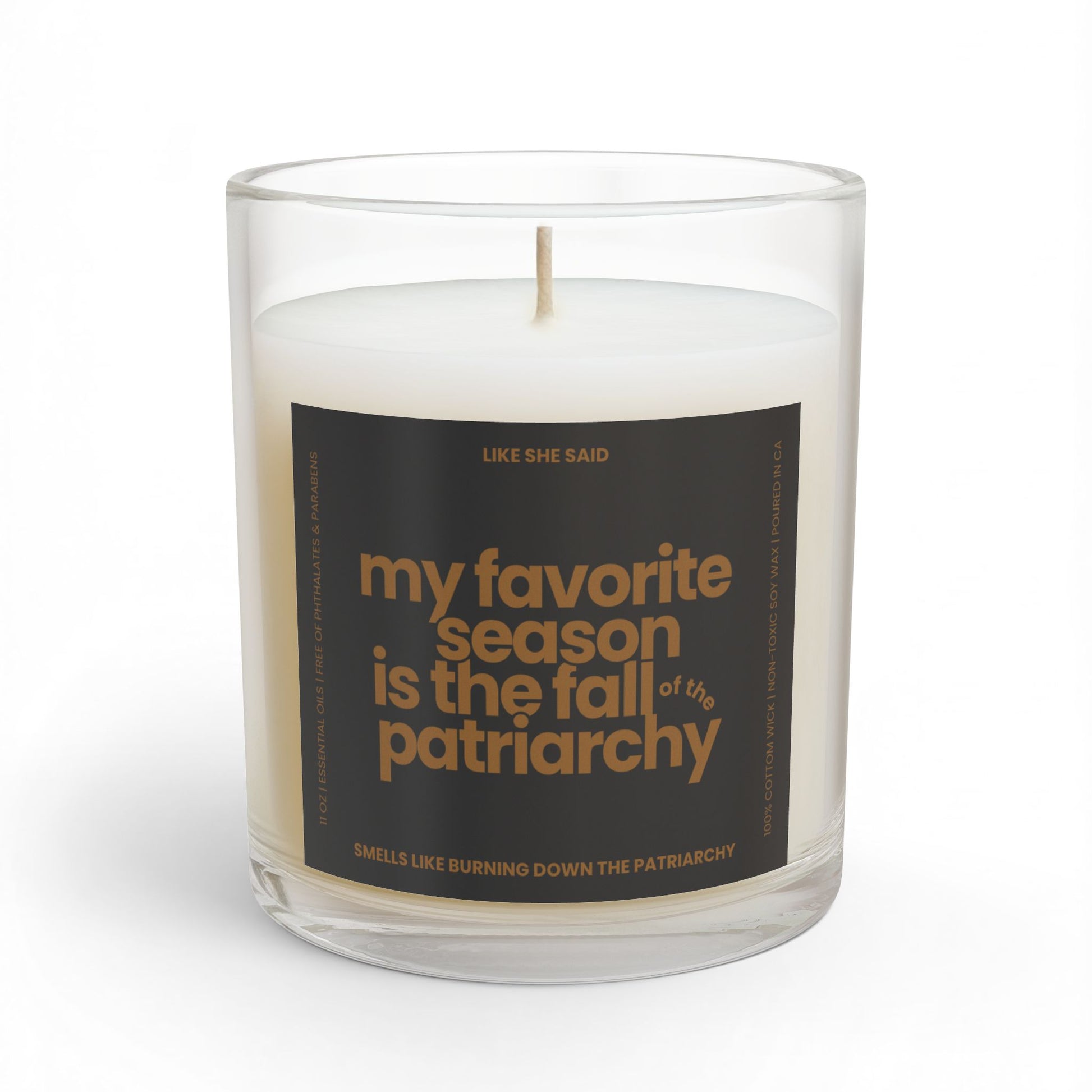 My Favorite Season Is the Fall of the Patriarchy scented candle featuring funny feminist fall artwork for cozy autumn decor and feminist gifts.