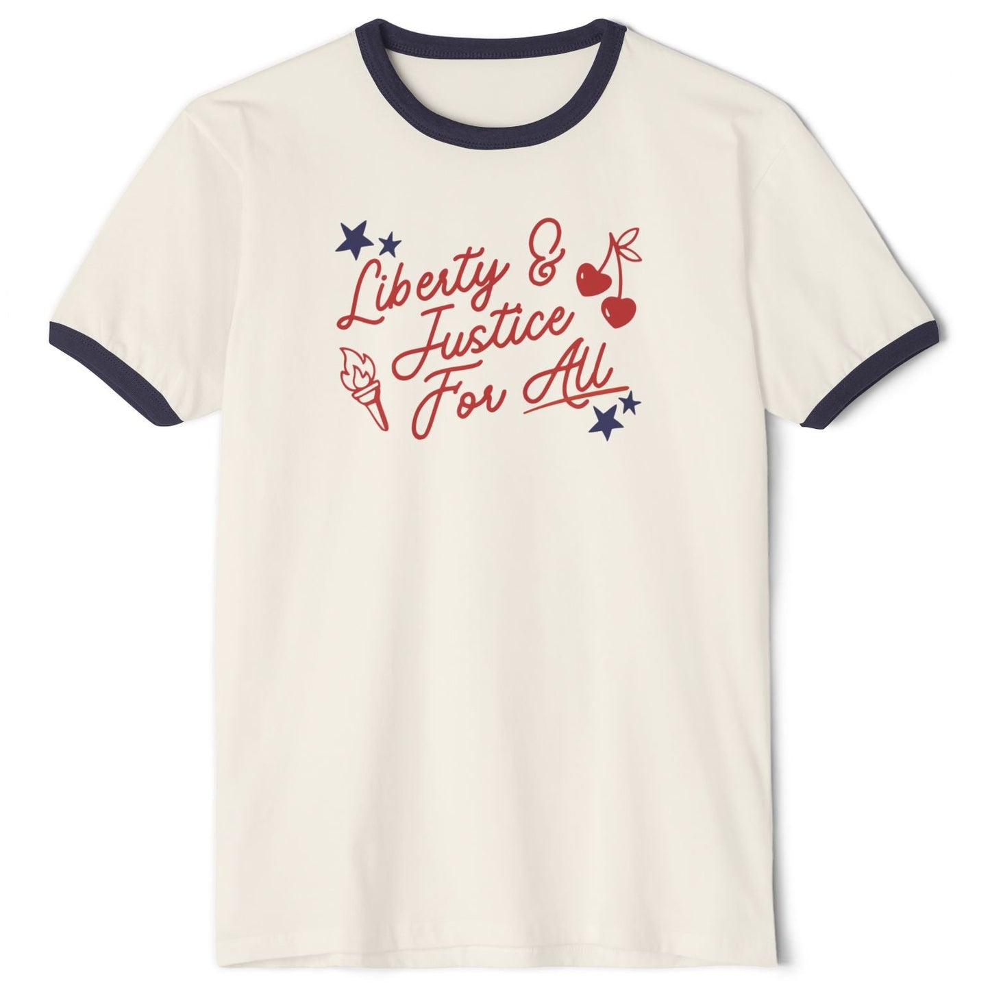 An off-white ringer t-shirt with navy blue trim on the collar and sleeves, featuring a red and blue graphic on the chest that reads 'Liberty & Justice For All' with stars, cherries, and a torch.