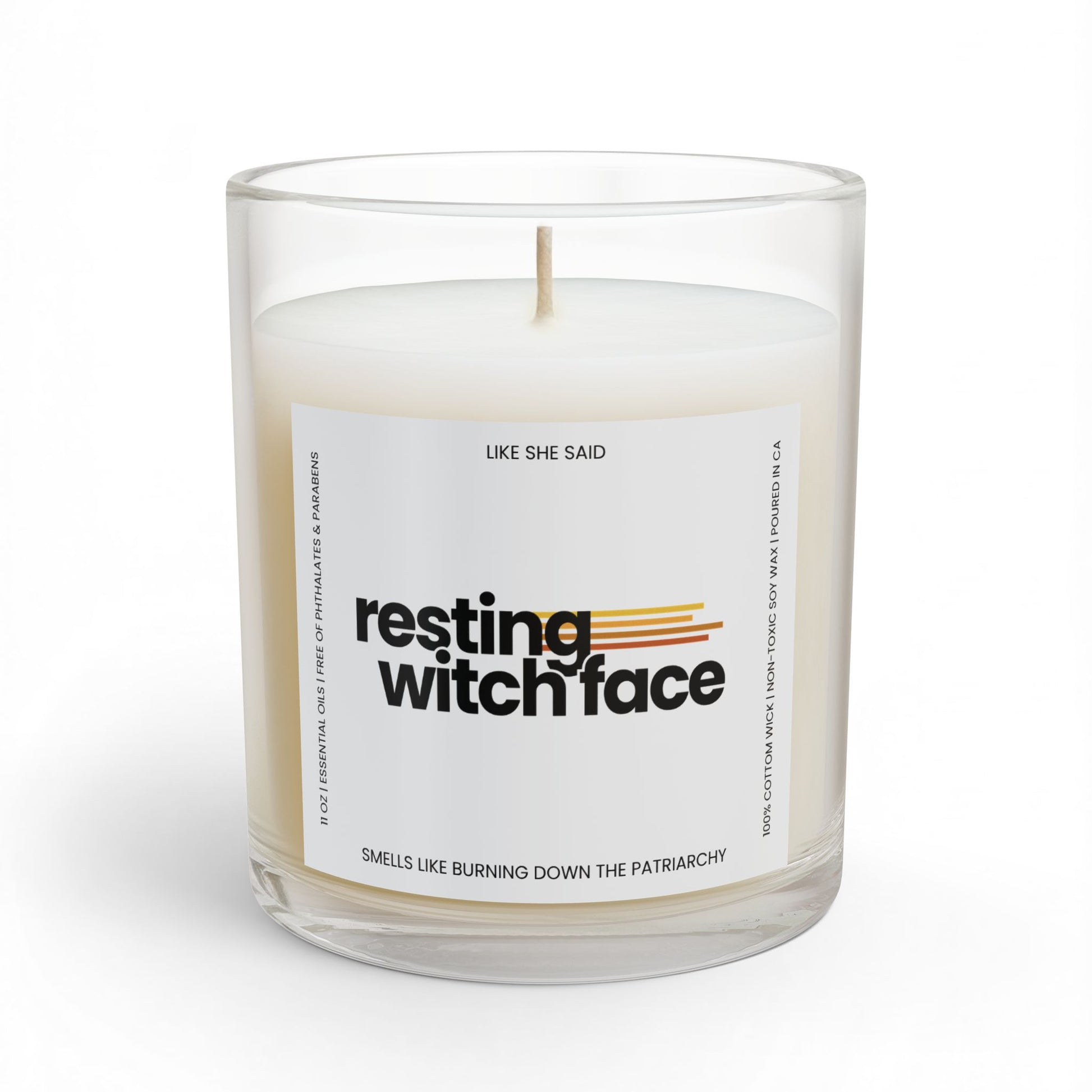 Resting Witch Face scented candle featuring funny feminist witch artwork for witchy home decor, Halloween, spooky season, and clever witch gifts.