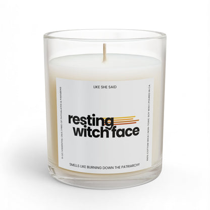 Resting Witch Face scented candle featuring funny feminist witch artwork for witchy home decor, Halloween, spooky season, and clever witch gifts.