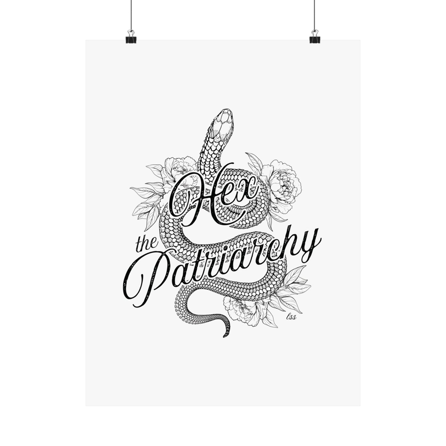 Hex the Patriarchy poster featuring a feminist snake design inspired by witchcraft, transformation, renewal, and feminine power for witchy wall decor.