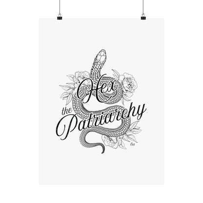 Hex the Patriarchy poster featuring a feminist snake design inspired by witchcraft, transformation, renewal, and feminine power for witchy wall decor.