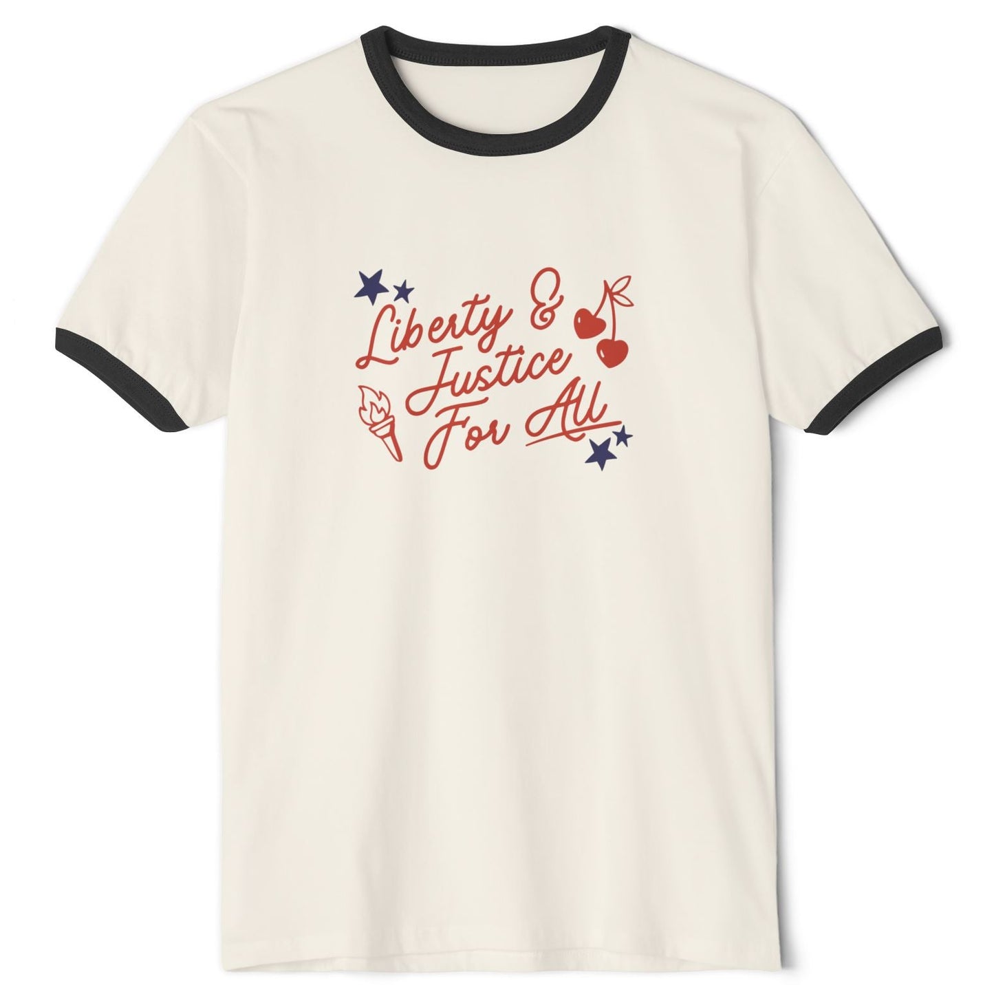 White t-shirt with black trim featuring 'Liberty & Justice for All' text on a white background