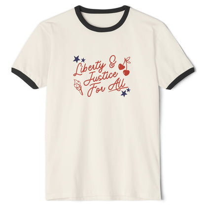 White t-shirt with black trim featuring 'Liberty & Justice for All' text on a white background