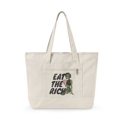Eat the Rich zombie canvas tote bag featuring feminist political satire and retro horror artwork with roomy zippered storage.