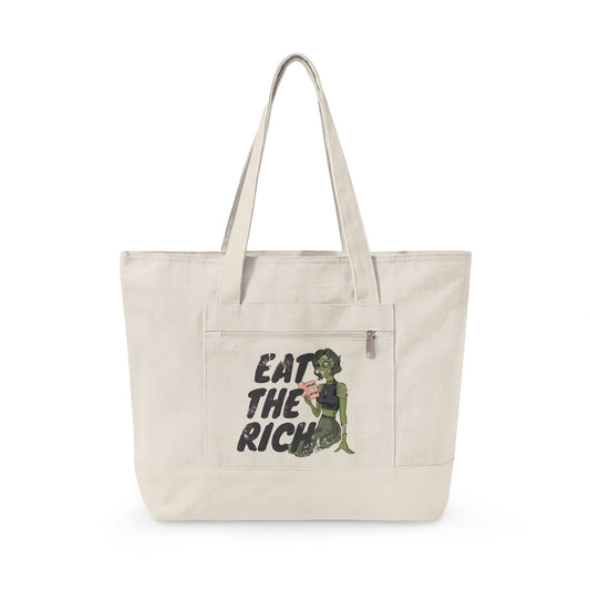Eat the Rich zombie canvas tote bag featuring feminist political satire and retro horror artwork with roomy zippered storage.