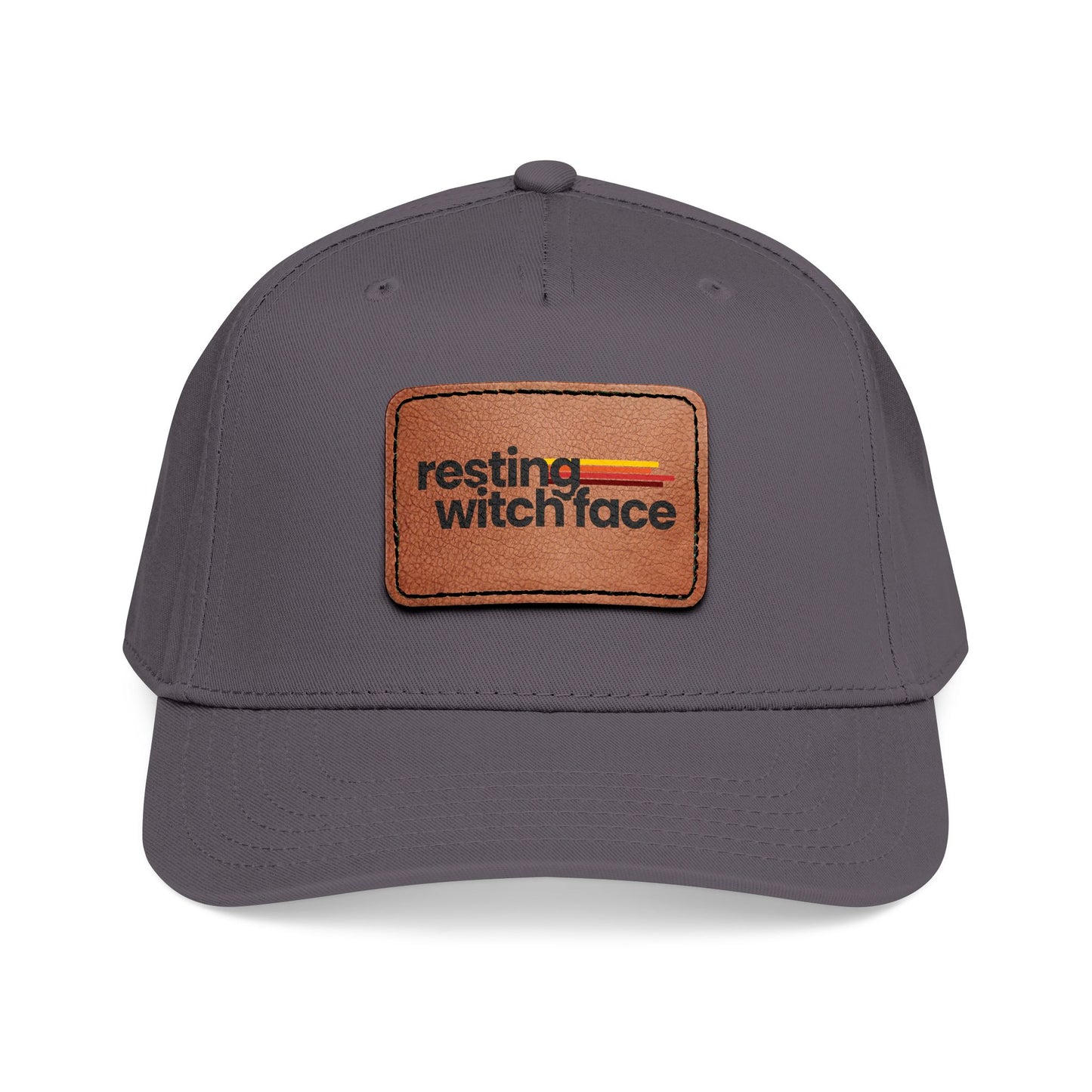 Resting Witch Face baseball hat featuring a light brown vegan leather rectangle patch with funny feminist witch design and vintage-inspired style.