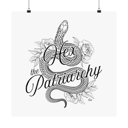 Hex the Patriarchy poster featuring a feminist snake design inspired by witchcraft, transformation, renewal, and feminine power for witchy wall decor.