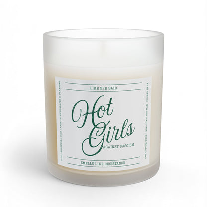 Hot Girls Against Fascism feminist candle featuring witty political satire for readers, activists, democracy supporters, and thoughtful home decor.