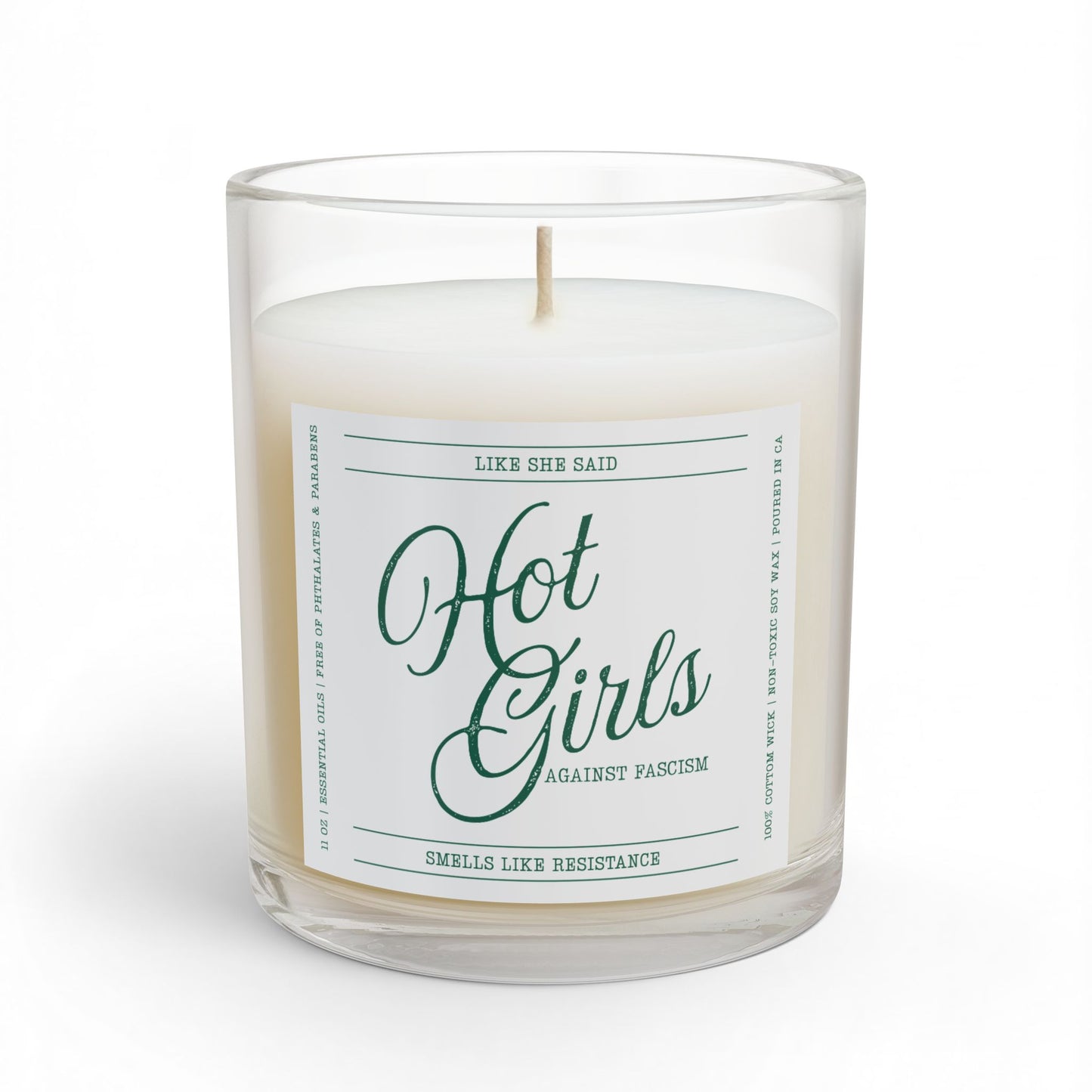Hot Girls Against Fascism feminist candle featuring witty political satire for readers, activists, democracy supporters, and thoughtful home decor.