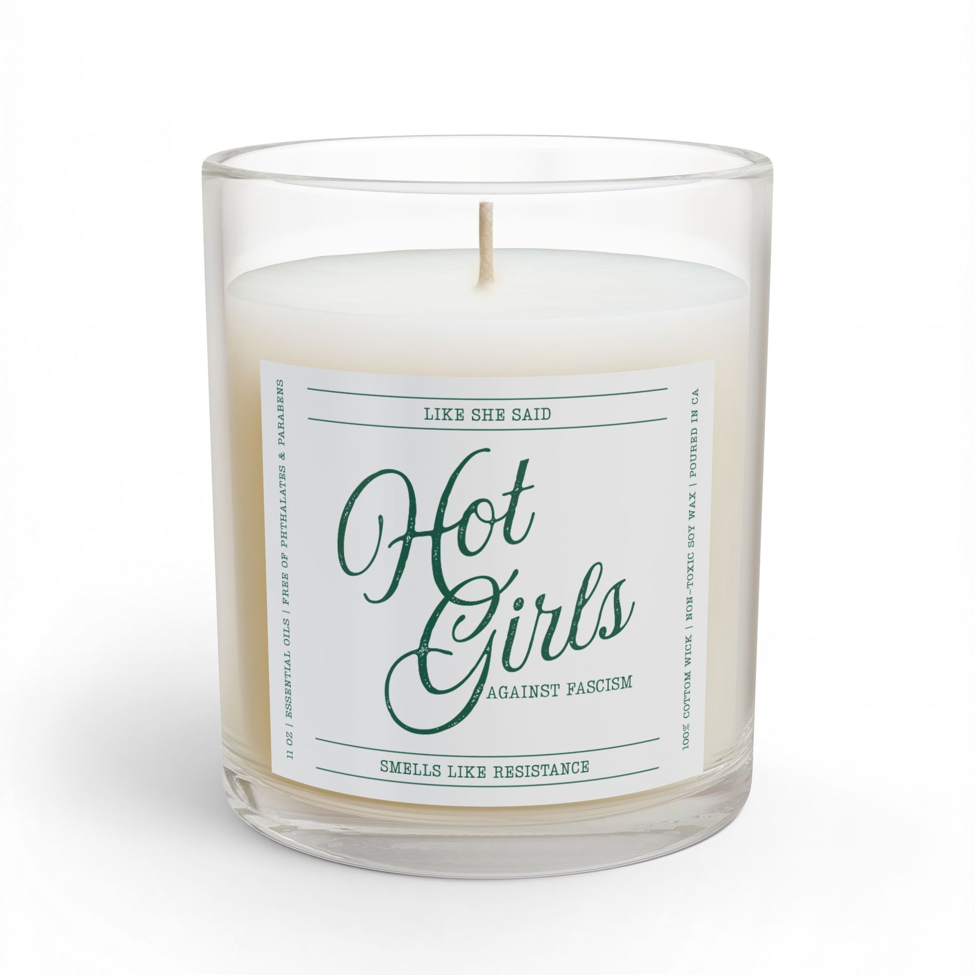 Hot Girls Against Fascism feminist candle featuring witty political satire for readers, activists, democracy supporters, and thoughtful home decor.