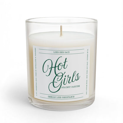 Hot Girls Against Fascism feminist candle featuring witty political satire for readers, activists, democracy supporters, and thoughtful home decor.