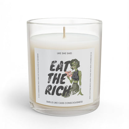 Eat the Rich zombie scented candle featuring feminist political satire and retro horror artwork for spooky Halloween decor and horror lovers.