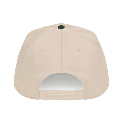 Hot Girls Against Fascism green and natural baseball cap with embroidered feminist design, structured mid-profile crown, green brim, and adjustable snap closure.