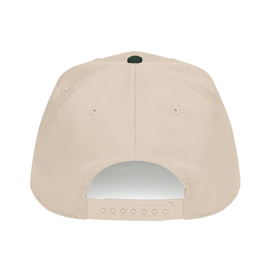 Hot Girls Against Fascism green and natural baseball cap with embroidered feminist design, structured mid-profile crown, green brim, and adjustable snap closure.
