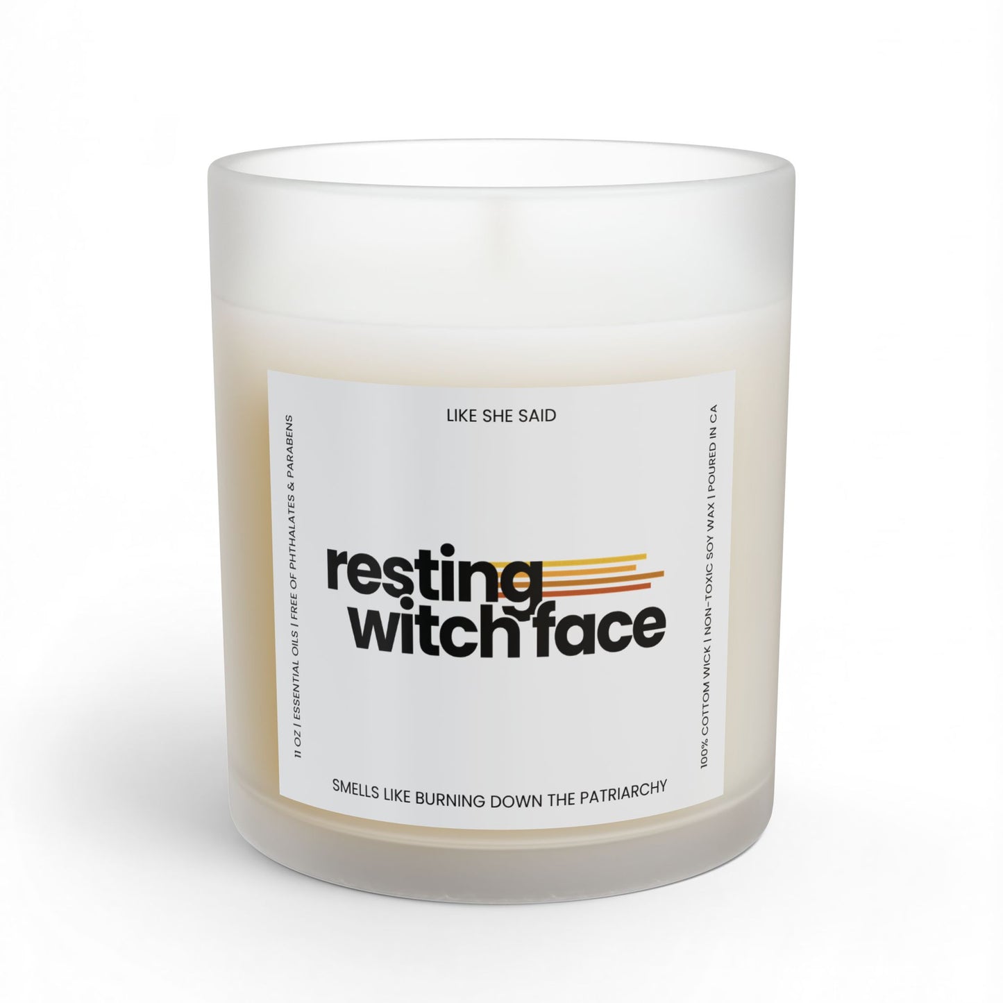 Resting Witch Face scented candle featuring funny feminist witch artwork for witchy home decor, Halloween, spooky season, and clever witch gifts.