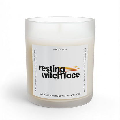 Resting Witch Face scented candle featuring funny feminist witch artwork for witchy home decor, Halloween, spooky season, and clever witch gifts.