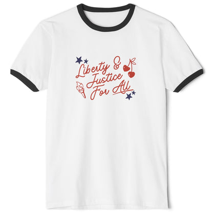 White t-shirt with black trim featuring 'Liberty & Justice for All' text on a white background